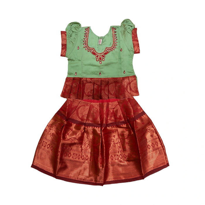 Pattu Pavadai Sattai Pair - Size 0 | Jacquard Skirt And Top/South Indian Dress/Traditional Dress For Baby Girls - Long Skirts / Ghagra / Pavadai