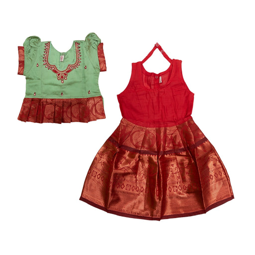 Pattu Pavadai Sattai Pair - Size 0 | Jacquard Skirt And Top/South Indian Dress/Traditional Dress For Baby Girls - Long Skirts / Ghagra / Pavadai