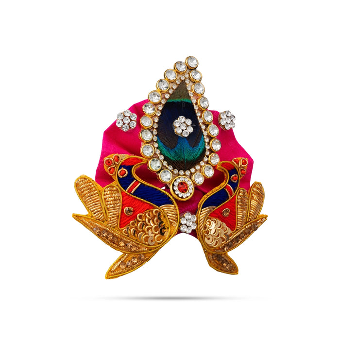 Jari & Stone Design Turban - 3.25 X 4 Inches | Decorative Kireedam/ Peacock Design Kiridam/ Crown For Deity - Head & Face Accessories