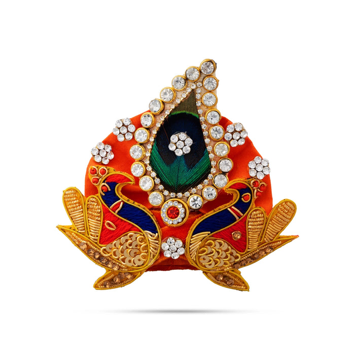 Jari & Stone Design Turban - 3.25 X 4 Inches | Decorative Kireedam/ Peacock Design Kiridam/ Crown For Deity - Head & Face Accessories