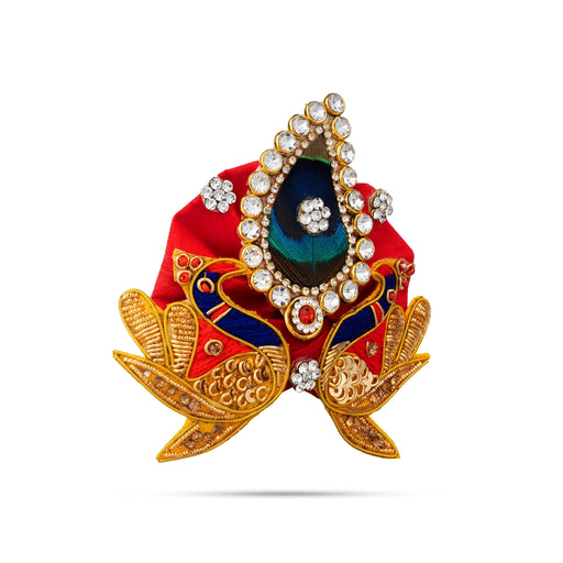 Jari & Stone Design Turban - 3.25 X 4 Inches | Decorative Kireedam/ Peacock Design Kiridam/ Crown For Deity - Head & Face Accessories