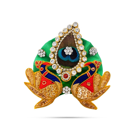 Jari & Stone Design Turban - 3.25 X 4 Inches | Decorative Kireedam/ Peacock Design Kiridam/ Crown For Deity - Head & Face Accessories