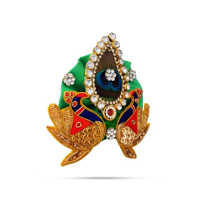 Jari & Stone Design Turban - 3.25 X 4 Inches | Decorative Kireedam/ Peacock Design Kiridam/ Crown For Deity - Head & Face Accessories