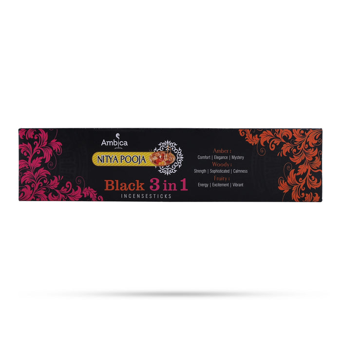 Ambica Nitya Pooja NP Black 3 In 1 Incense Sticks - 90 Gms | Agarbatti/ Scent Sticks For Divine Pooja Room