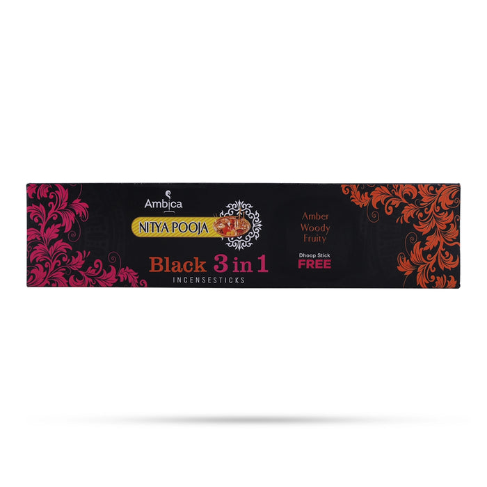 Ambica Nitya Pooja NP Black 3 In 1 Incense Sticks - 90 Gms | Agarbatti/ Scent Sticks For Divine Pooja Room