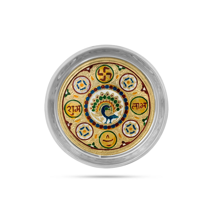 Pooja Plate- 11 Inches | Stainless Steel Thali Plate/ Meenakari Design Puja Plate For Home & Festive Offerings - Pooja Plate & Tray