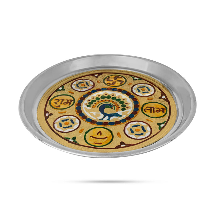 Pooja Plate- 11 Inches | Stainless Steel Thali Plate/ Meenakari Design Puja Plate For Home & Festive Offerings - Pooja Plate & Tray