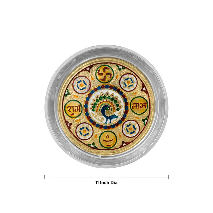 Pooja Plate- 11 Inches | Stainless Steel Thali Plate/ Meenakari Design Puja Plate For Home & Festive Offerings - Pooja Plate & Tray