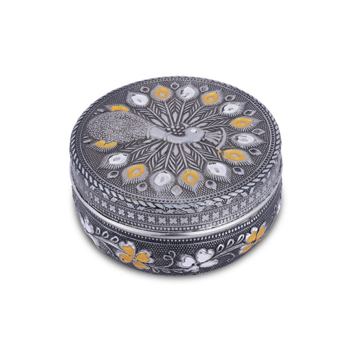 Pooja Box - 2 x 4 Inches | Meenakari Design Storage Box / Stainless Steel Jewellery Box for Pooja - Brass Murties