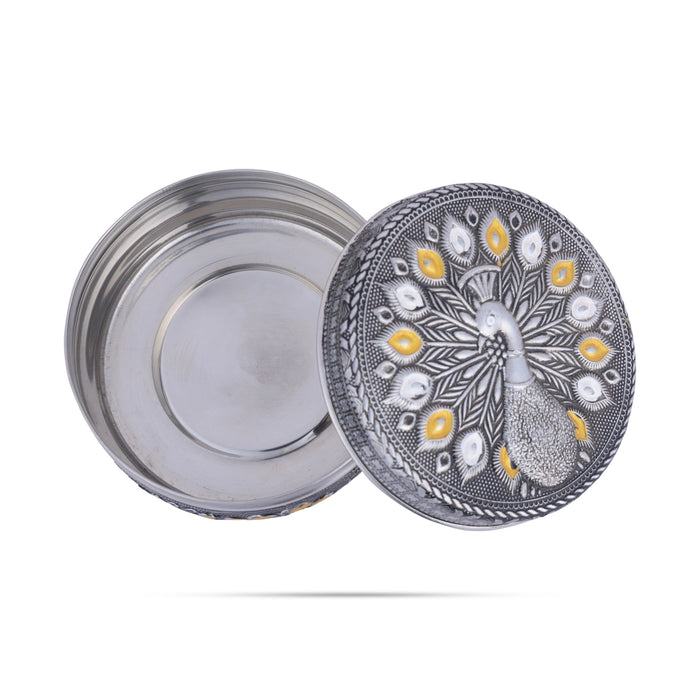 Pooja Box - 2 x 4 Inches | Meenakari Design Storage Box / Stainless Steel Jewellery Box for Pooja - Brass Murties