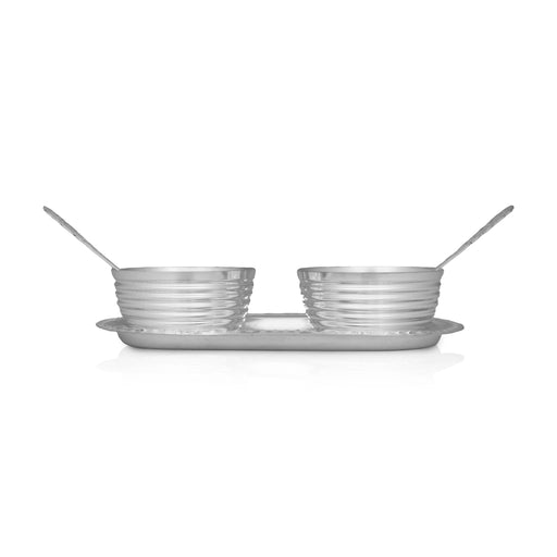 Silver Polish Serving Tray With Bowl And Spoon Set- 1.75 X 8.5 Inch | Stainless Steel Kitchen Tray & Small Bowl - Pooja Thali Sets