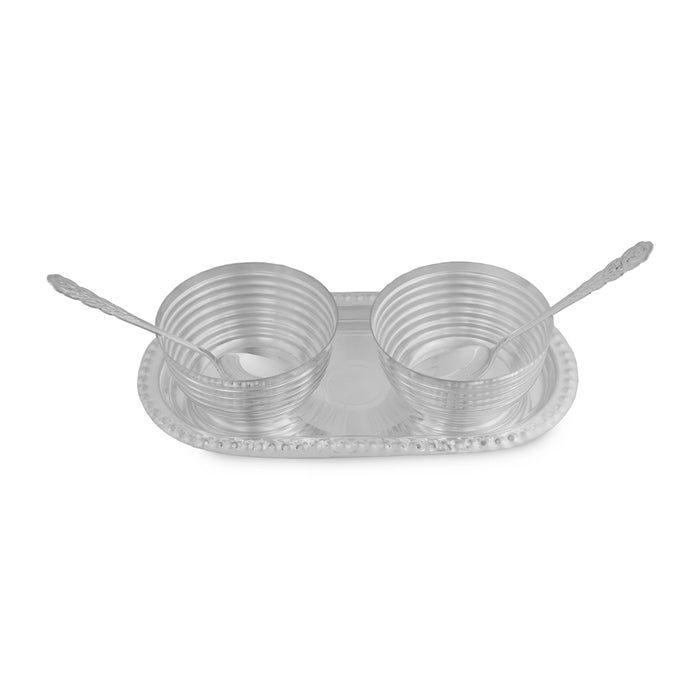Silver Polish Serving Tray With Bowl And Spoon Set- 1.75 X 8.5 Inch | Stainless Steel Kitchen Tray & Small Bowl - Pooja Thali Sets
