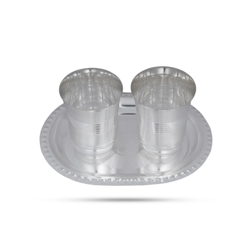 Silver Polish Serving Tray With Tumbler Set | Stainless Steel Kitchen Tray/ Serving Plate For Gifting & Pooja - Pooja Thali Sets