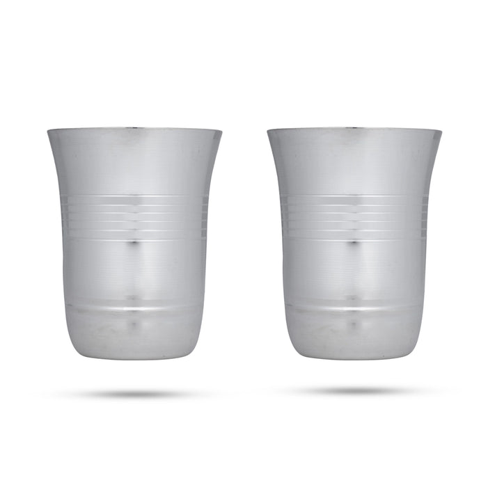 Silver Polish Serving Tray With Tumbler Set | Stainless Steel Kitchen Tray/ Serving Plate For Gifting & Pooja - Pooja Thali Sets