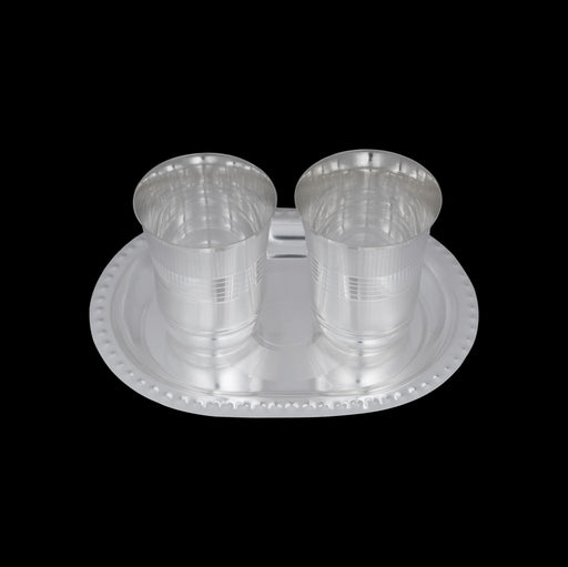 Silver Polish Serving Tray With Tumbler Set | Stainless Steel Kitchen Tray/ Serving Plate For Gifting & Pooja - Pooja Thali Sets