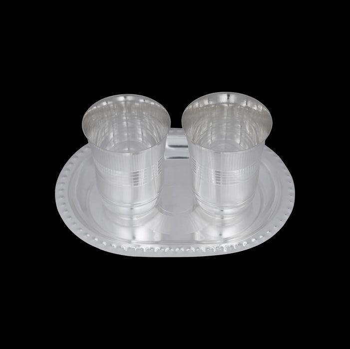 Silver Polish Serving Tray With Tumbler Set | Stainless Steel Kitchen Tray/ Serving Plate For Gifting & Pooja - Pooja Thali Sets