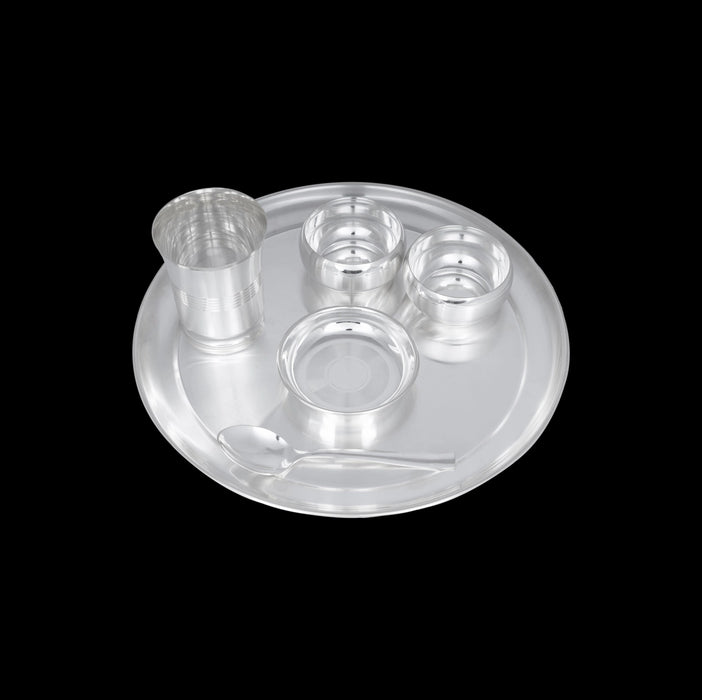 Silver Polish Pooja Thali Set - 6 Pcs | Stainless Steel Pooja Set/ Puja Thali Set/ Dinner Set For Gifting - Pooja Thali Sets