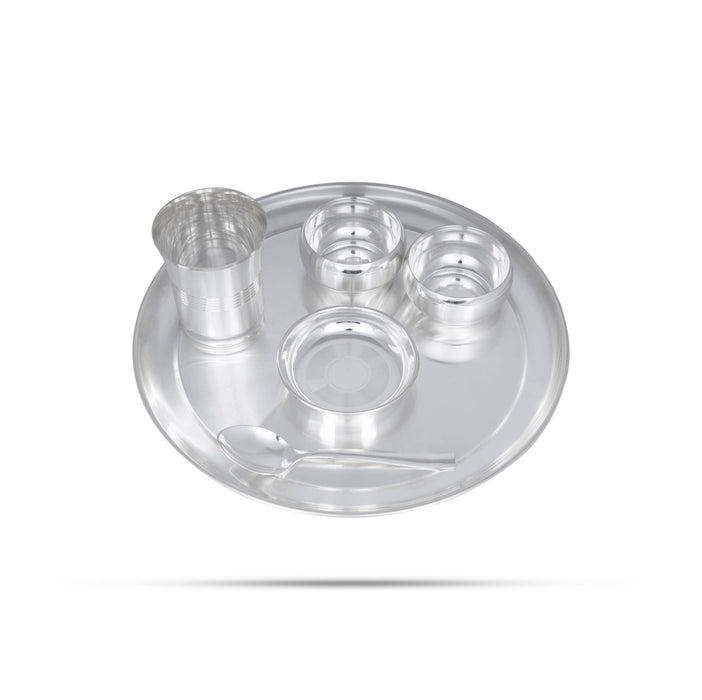 Silver Polish Pooja Thali Set - 6 Pcs | Stainless Steel Pooja Set/ Puja Thali Set/ Dinner Set For Gifting - Pooja Thali Sets