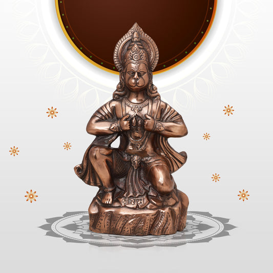 Anjaneya Statue - 16 Inches | Hanuman Sitting/ Copper Idol/ Hanuman Murti/ Hanuman Statue for Pooja - Copper Murties