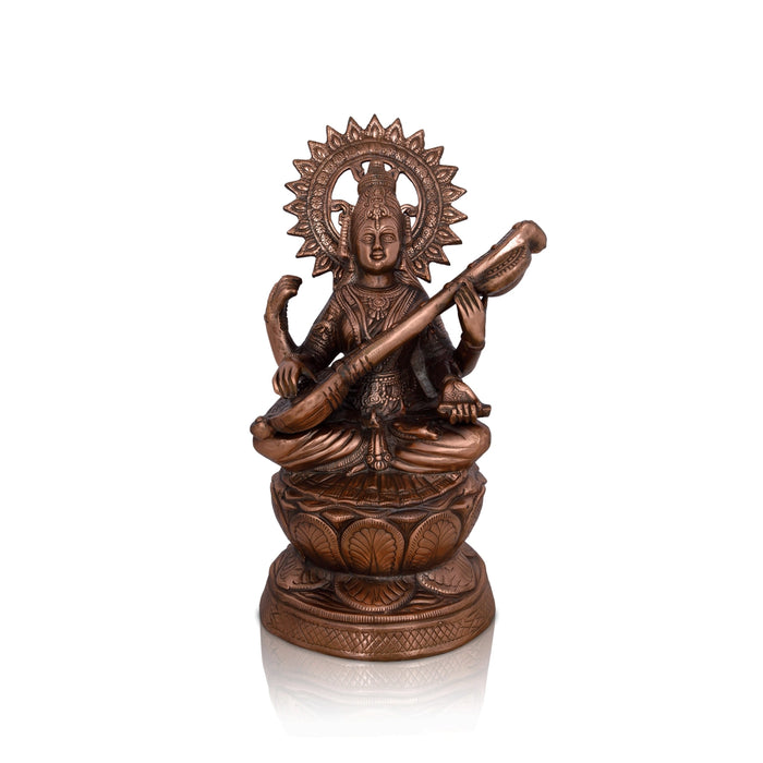 Saraswati Murti Sitting On Lotus - 24 x 14 Inches | Copper Oxidised Saraswati Idol/ Saraswathy Idol for Pooja - Copper Murties