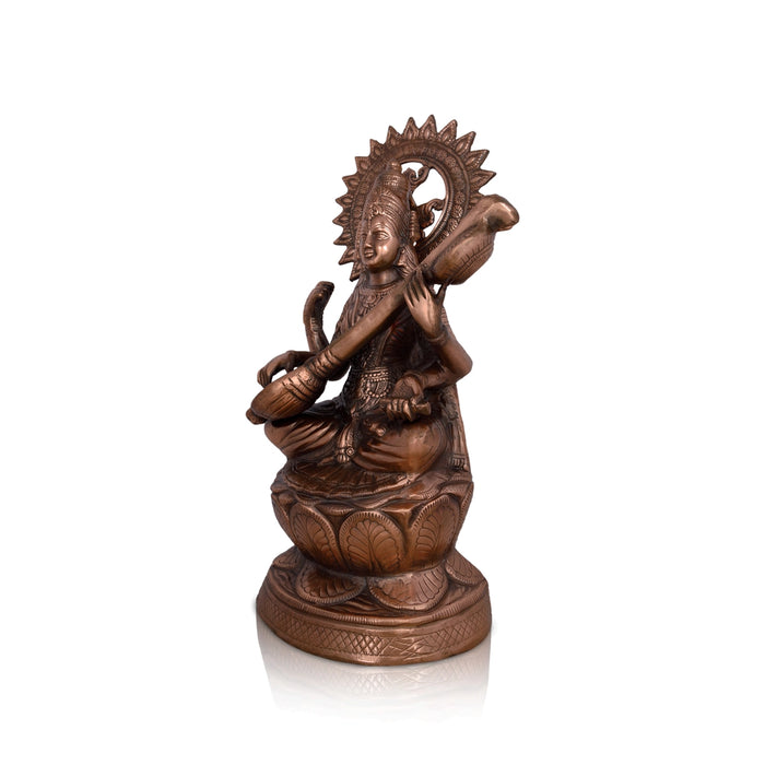 Saraswati Murti Sitting On Lotus - 24 x 14 Inches | Copper Oxidised Saraswati Idol/ Saraswathy Idol for Pooja - Copper Murties