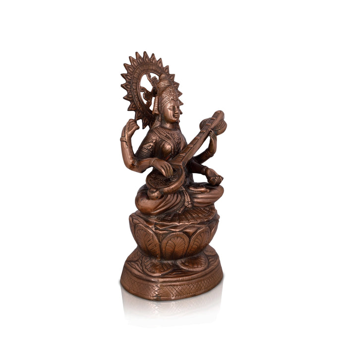Saraswati Murti Sitting On Lotus - 24 x 14 Inches | Copper Oxidised Saraswati Idol/ Saraswathy Idol for Pooja - Copper Murties