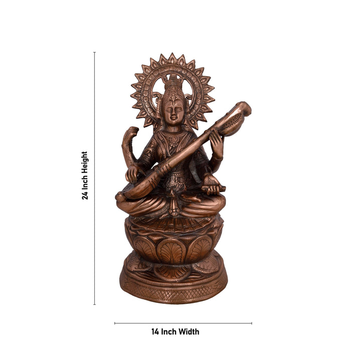 Saraswati Murti Sitting On Lotus - 24 x 14 Inches | Copper Oxidised Saraswati Idol/ Saraswathy Idol for Pooja - Copper Murties