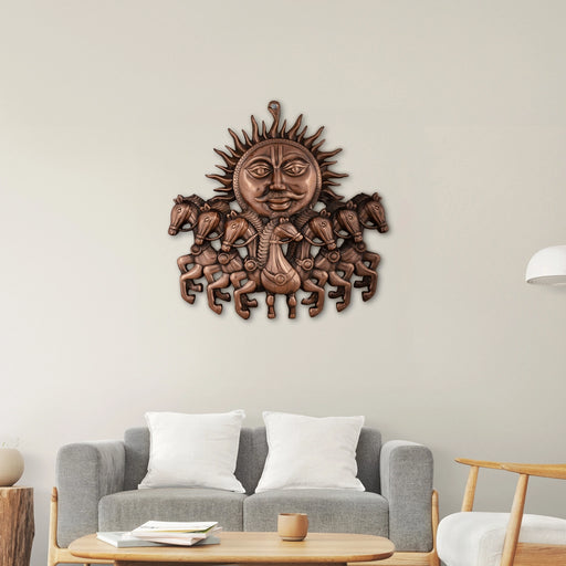 Sun Face With 7 Horse Wall Hanging - 17 x 16 Inches | Copper Oxidised Sun Wall Hanging/ Sun Wall Decor - Wall Hanging