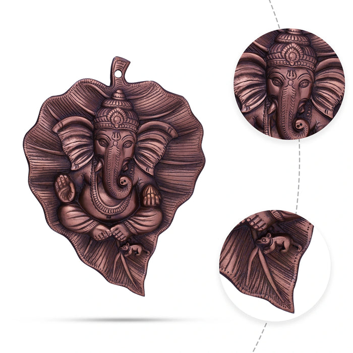 Leaf Ganesh Wall Hanging - 10 x 8 Inches | Copper Oxidised Wall Hanger for Home/ 390 Gms Approx - Wall Hanging