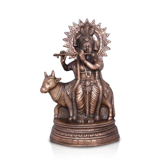 Cow Krishna Murti - 20 x 12 Inches | Copper Oxidised Cow Krishna Statue/ Krishna Idol for Pooja/ 2.800 Kgs - Copper Murties