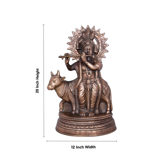Cow Krishna Murti - 20 x 12 Inches | Copper Oxidised Cow Krishna Statue/ Krishna Idol for Pooja/ 2.800 Kgs - Copper Murties