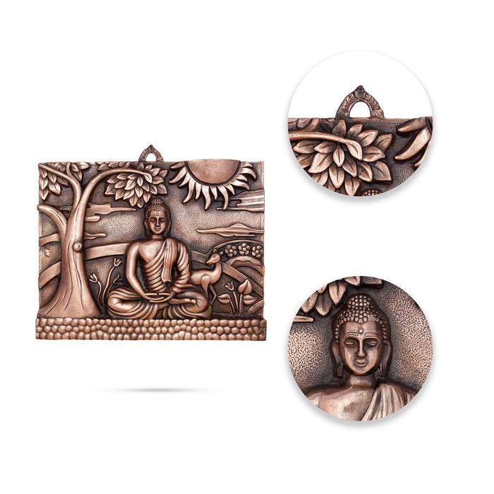 Buddha Statue With Tree Wall Hanging - 14 x 17 Inches | Copper Oxidised Buddha Murti Wall Hanger for Home Decor - Wall Hanging