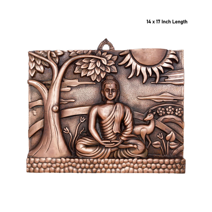 Buddha Statue With Tree Wall Hanging - 14 x 17 Inches | Copper Oxidised Buddha Murti Wall Hanger for Home Decor - Wall Hanging