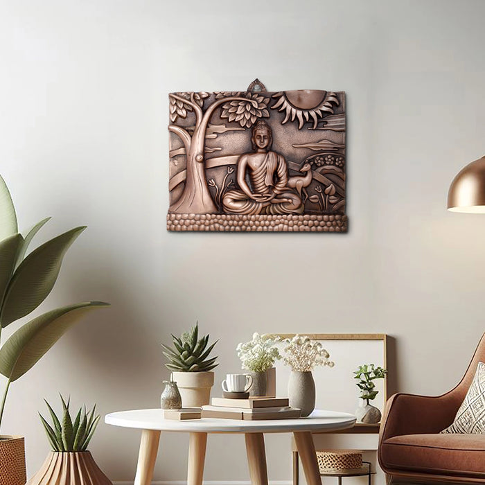 Buddha Statue With Tree Wall Hanging - 14 x 17 Inches | Copper Oxidised Buddha Murti Wall Hanger for Home Decor - Wall Hanging