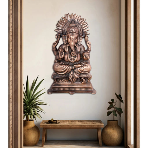 Ganesh Murti Sitting On Chowki Wall Hanging - 22 x 14 Inches | Copper Oxidised Ganpati Murti Wall Hanger for Home - Wall Hanging