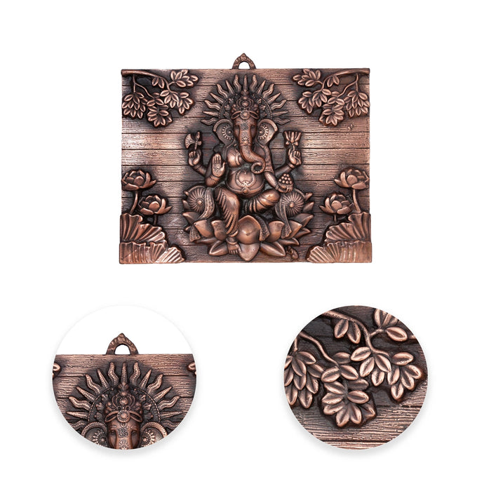 Ganesh Murti With Flower Design Wall Hanging - 17 x 14 Inches | Copper Oxidised Ganpati Murti Wall Hanger for Home - Wall Hanging