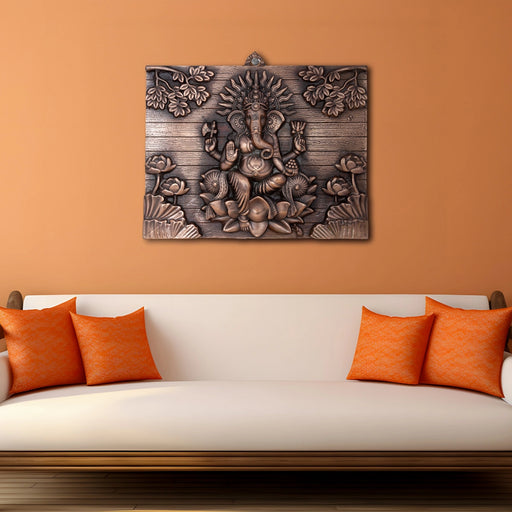 Ganesh Murti With Flower Design Wall Hanging - 17 x 14 Inches | Copper Oxidised Ganpati Murti Wall Hanger for Home - Wall Hanging