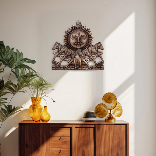 Sun Wall Hanging With 7 Horses - 7 x 8 Inches | Copper Oxidised Sun Face Wall Hanging/ Sun Wall Decor - Wall Hanging