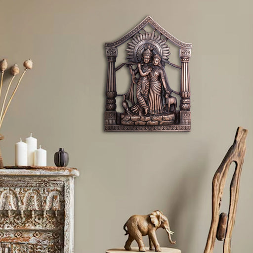 Radha Krishna Murti With Arch Wall Hanging - 19 x 14 Inches | Copper Oxidised Radha Krishna Idol Wall Hanger - Wall Hanging
