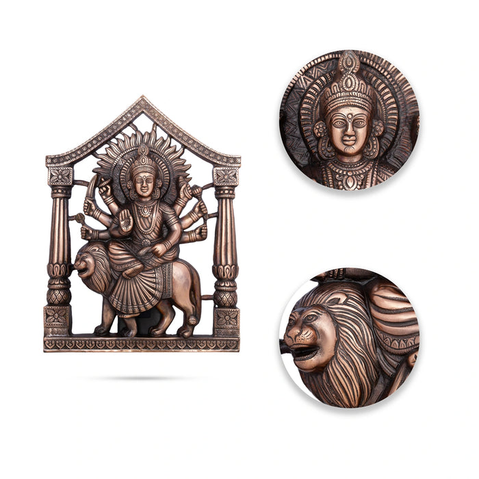 Durga Idol With Arch Wall Hanging - 19 x 14 Inches | Copper Oxidised Durga Murti/ Durga Statue Wall Hanger for Home - Wall Hanging