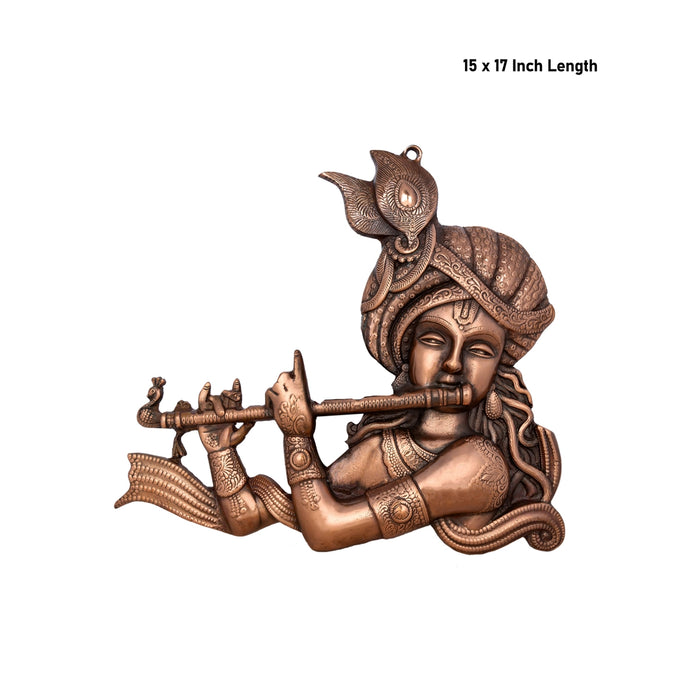 Krishna Murti Wall Hanging - 15 x 17 Inches | Copper Oxidised Krishna Idol/ Krishna Statue Wall Hanger for Home - Wall Hanging