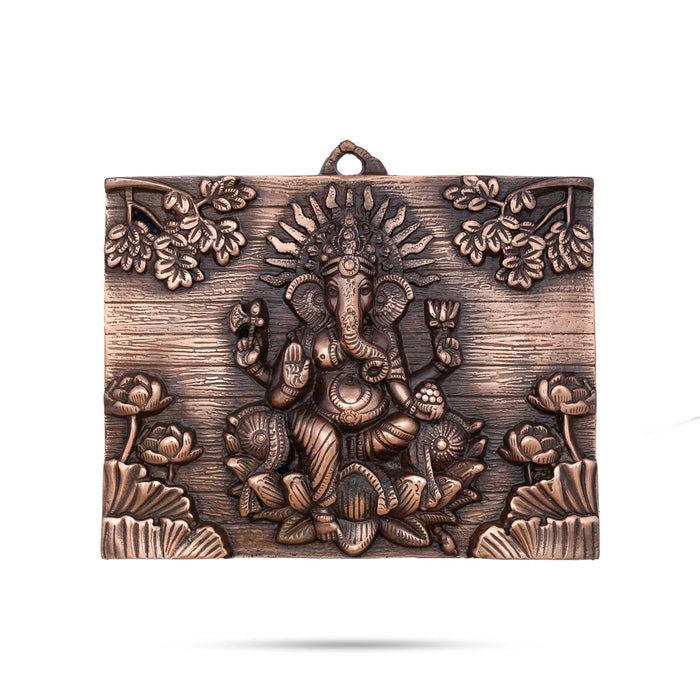 Ganesh Murti With Flower Design Wall Hanging - 11 x 9 Inches | Copper Oxidised Ganpati Murti Wall Hanger for Home - Wall Hanging