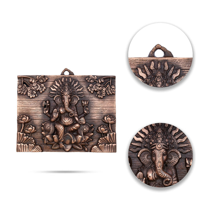 Ganesh Murti With Flower Design Wall Hanging - 11 x 9 Inches | Copper Oxidised Ganpati Murti Wall Hanger for Home - Wall Hanging