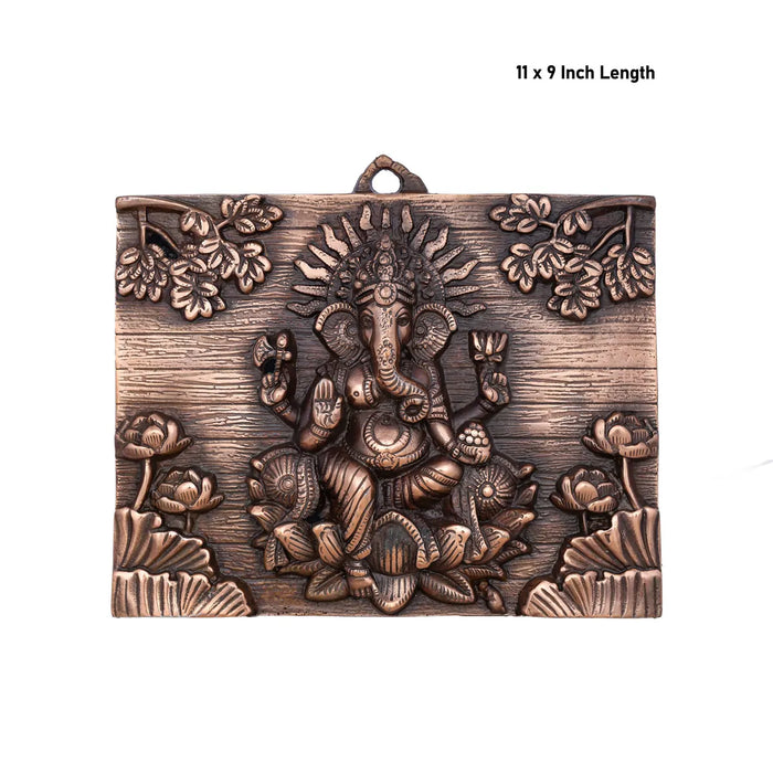 Ganesh Murti With Flower Design Wall Hanging - 11 x 9 Inches | Copper Oxidised Ganpati Murti Wall Hanger for Home - Wall Hanging