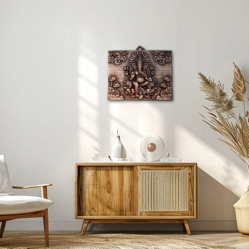 Ganesh Murti With Flower Design Wall Hanging - 11 x 9 Inches | Copper Oxidised Ganpati Murti Wall Hanger for Home - Wall Hanging