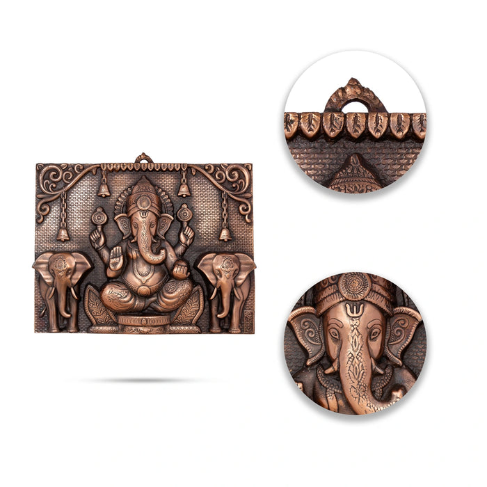Ganesh Murti With Elephant Wall Hanging - 13 x 17 Inches | Copper Oxidised Ganpati Murti Wall Hanger for Home - Wall Hanging