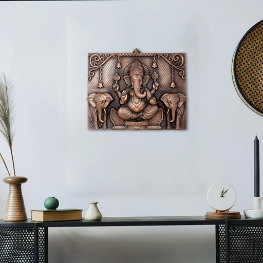 Ganesh Murti With Elephant Wall Hanging - 13 x 17 Inches | Copper Oxidised Ganpati Murti Wall Hanger for Home - Wall Hanging