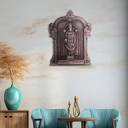 Balaji Idol With Arch Wall Hanging - 13 x 10 Inches | Copper Oxidised Perumal Statue Wall Hanger for Home - Wall Hanging