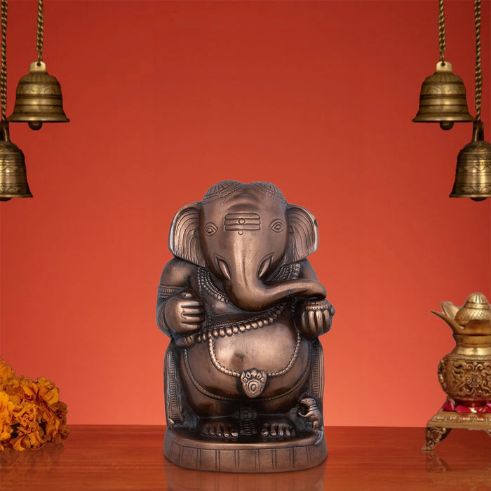 Appu Ganesh Murti - 12 x 7 Inches | Copper Oxidised Ganpati Idol/ Vinayaka Statue for Pooja/ 1.460 Kgs Approx - Copper Murties