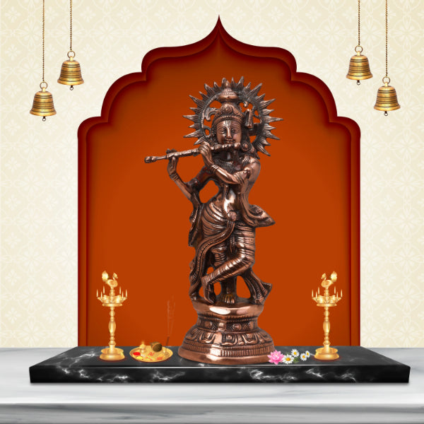 Krishna Murti - 22 x 10 Inches | Krishna Statue/ Copper Oxidised Krishna Idol for Pooja/ 2.240 Kgs Approx - Copper Murties